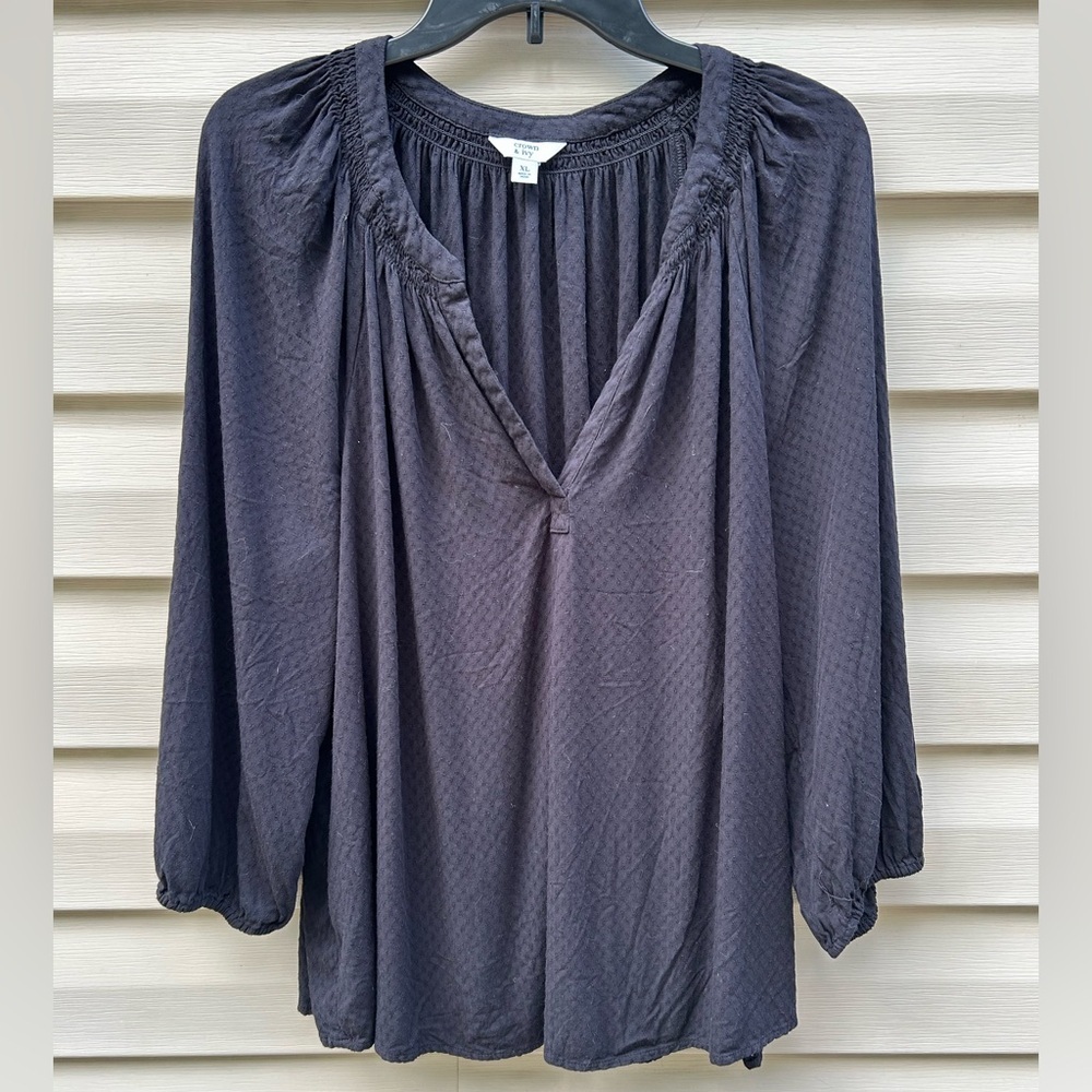Crown & Ivy size XL black gingham split neck blouse Lagenlook Whimsigoth